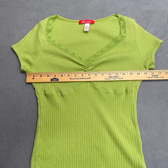 Vtg Y2K 00s Babydoll Jersey Knit Ruched Lace V Neck Lettuce Hem Top 1X LimeGreen - Picture 5 of 9